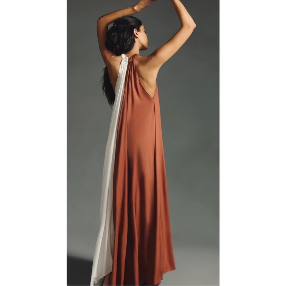 Letmebe Anthropologie XS Halter Maxi Dress Brown & White Colorblock Viscose - Picture 2 of 13